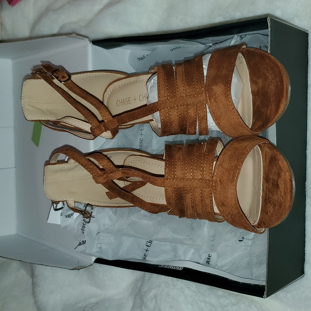 Brown suede open toe heel